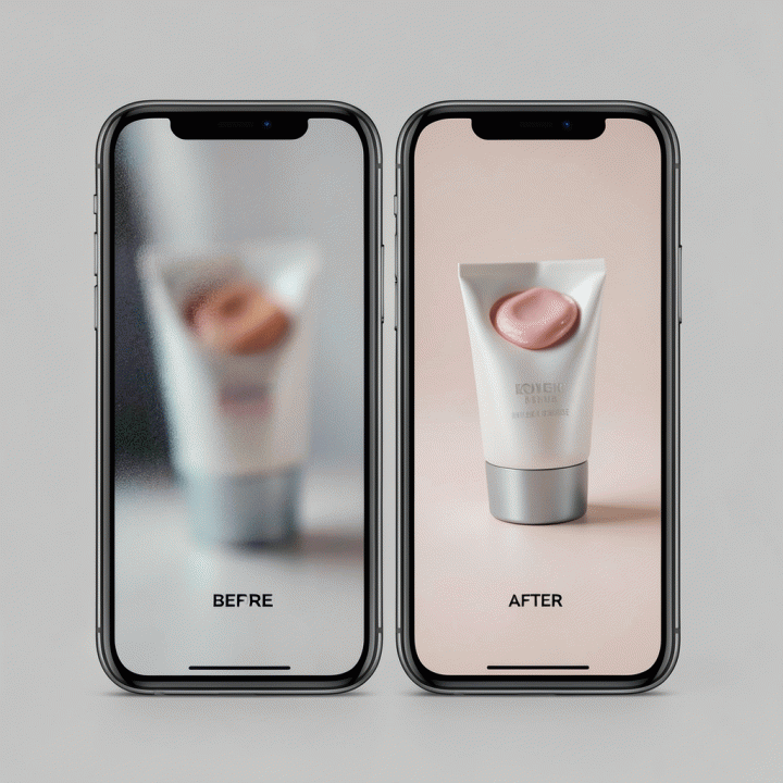 Perbandingan visual sebelum dan sesudah menggunakan AI upscaler pada foto produk; menunjukkan peningkatan resolusi dan detail yang dramatis.