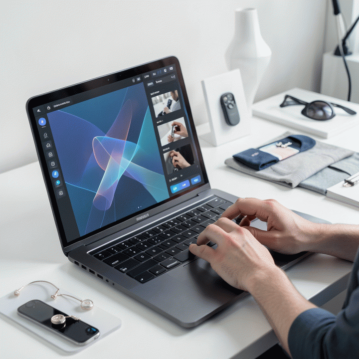 Pengguna bekerja di meja modern menggunakan laptop untuk mengolah foto produk menjadi resolusi tinggi secara efisien.