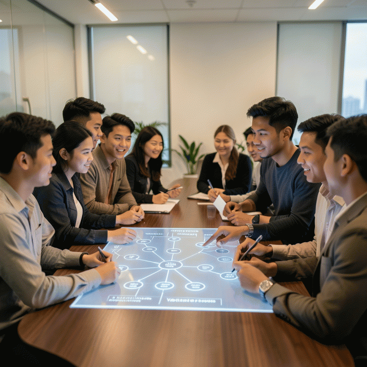 Tim startup profesional Indonesia berdiskusi intensif di meja modern, meninjau peta jalan validasi ide bisnis digital yang kompleks dan sistematis.