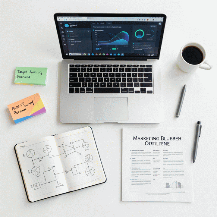 Foto datar (flat lay) berisi berbagai alat perencanaan bisnis digital seperti laptop dashboard AI, persona audiens, dan outline blueprint marketing yang rapi di atas meja kerja.