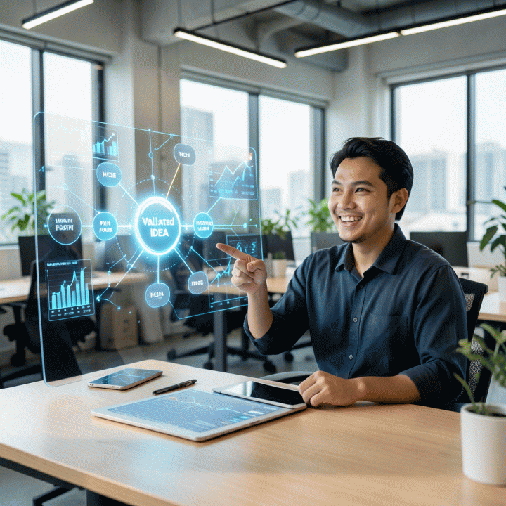 Seorang founder muda Indonesia di co-working space modern sedang meninjau blueprint bisnis digital holografik yang menampilkan validasi ide dari niche hingga blueprint marketing, menyoroti perencanaan bisnis berbasis AI.