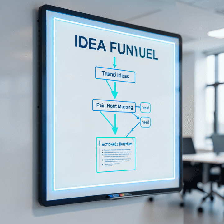 Diagram corong ide digital pada whiteboard yang menunjukkan proses validasi dari tren menjadi blueprint marketing yang terstruktur.