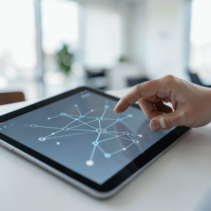 Tangan yang berinteraksi dengan tablet digital yang menampilkan visualisasi data alur kerja (lead generation) yang abstrak dan terstruktur.