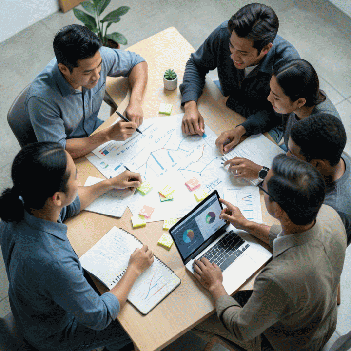 Sejumlah pendiri startup muda Indonesia berdiskusi intensif dan kolaboratif di meja modern, menunjukkan proses validasi dan perencanaan ide bisnis.