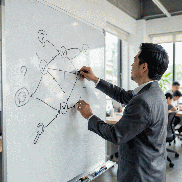 Seseorang sedang membuat diagram alir (flowchart) validasi ide bisnis di papan tulis, menunjukkan proses riset dan pemetaan pelanggan.