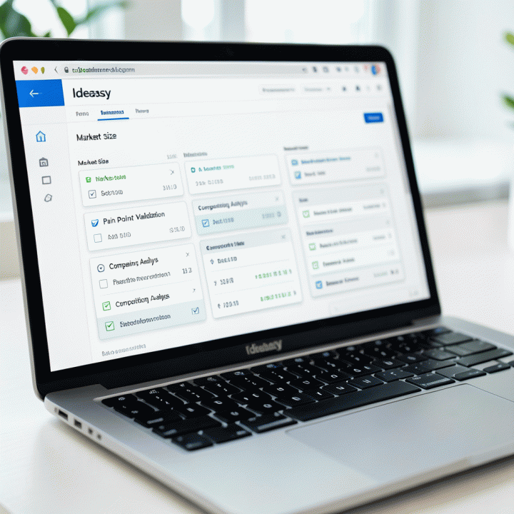 Tampilan dashboard AI &lsquo;Ideasy&rsquo; yang sedang memvalidasi berbagai aspek ide bisnis melalui checklist digital.
