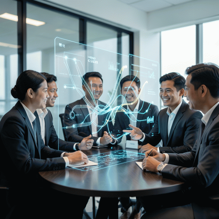 Tim profesional Indonesia berkolaborasi di depan tampilan holografik data yang menunjukkan alur kerja lead generation dan validasi produk yang terintegrasi dan efisien.