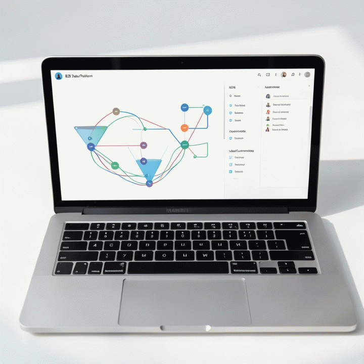 Tampilan antarmuka AI yang bersih dan profesional pada laptop, menunjukkan visualisasi otomatisasi aliran data dan pipeline prospek B2B yang terstruktur.