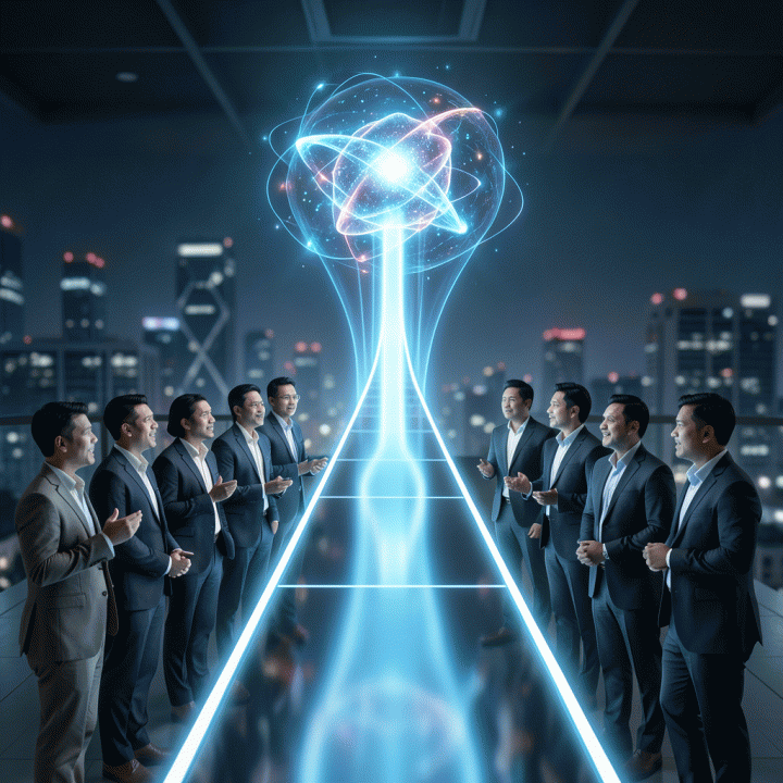 Visualisasi metaforis jalur pertumbuhan bisnis yang dipercepat dan validasi pasar, menunjukkan koneksi yang efisien dari AI ke prospek klien B2B.