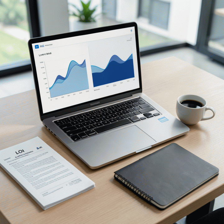 Tampilan meja kerja minimalis yang menunjukkan dokumen LOI, laptop dengan visualisasi data abstrak, dan alat tulis, melambangkan validasi pasar yang sukses.