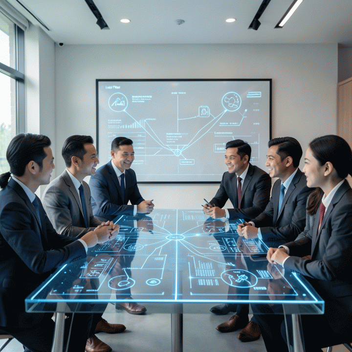 Sejumlah profesional bisnis Indonesia berdiskusi di sekitar meja holografik yang menampilkan visualisasi data kompleks dan pipeline penjualan yang terintegrasi, melambangkan validasi pasar dan pertumbuhan bisnis yang didukung AI.