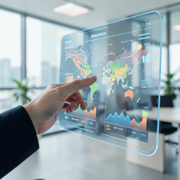 Tangan seorang profesional berinteraksi dengan dashboard AI futuristik, menampilkan visualisasi data riset pasar yang terstruktur dan terintegrasi.