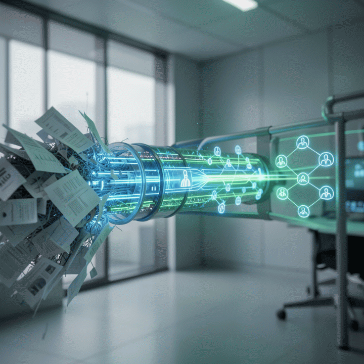 Visualisasi pipeline data AI yang mengubah data riset pasar mentah dan berantakan menjadi alur lead berkualitas tinggi dan terstruktur.