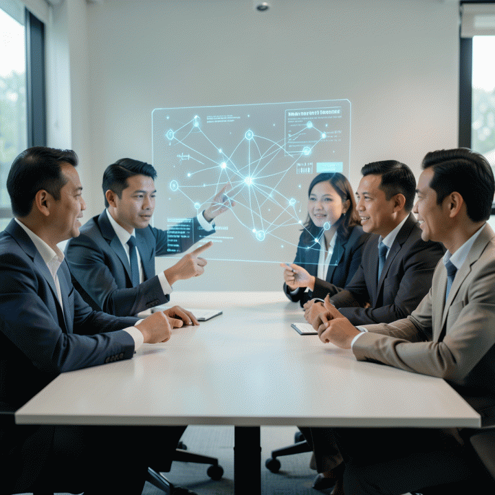 Tim bisnis berdiskusi di sekitar proyeksi holografik data, mengubah riset pasar menjadi strategi bisnis yang terpadu.