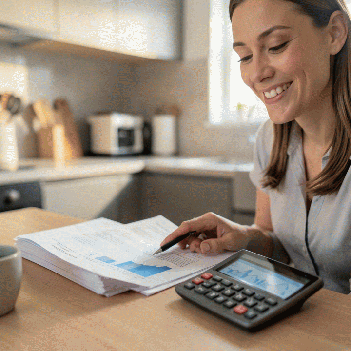 Owner of a small F&B business thoughtfully reviewing financial data and a calculator, symbolizing smart pricing strategy.