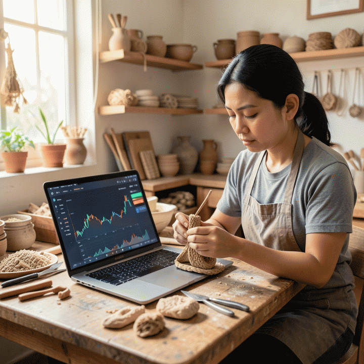 Seorang pengrajin Indonesia sedang menganalisis harga jual kerajinan tangannya menggunakan laptop di bengkel kerja yang profesional, menggambarkan strategi penetapan harga berbasis nilai.