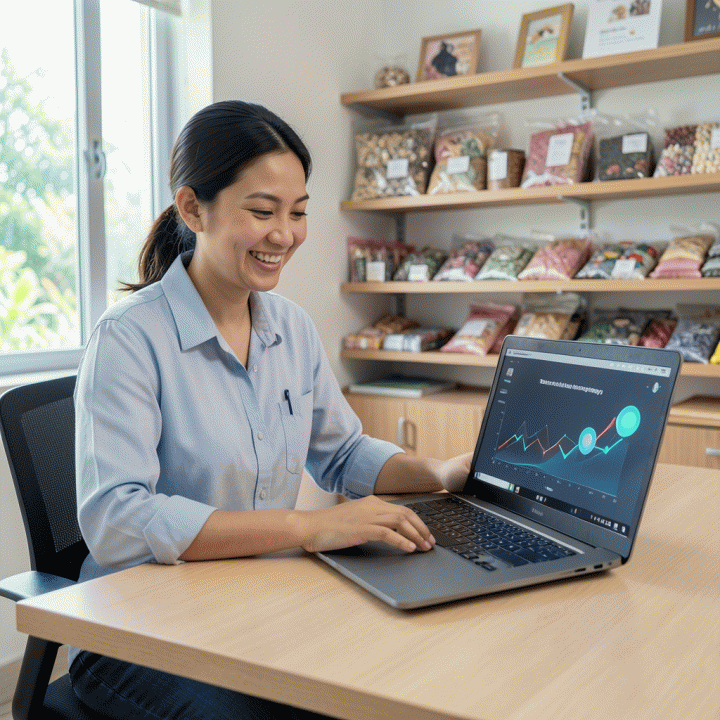 Pemilik UMKM sedang menentukan harga jual optimal produk kerajinan tangannya di kantor yang rapi, merasa yakin dengan strategi harga yang ditemukan.