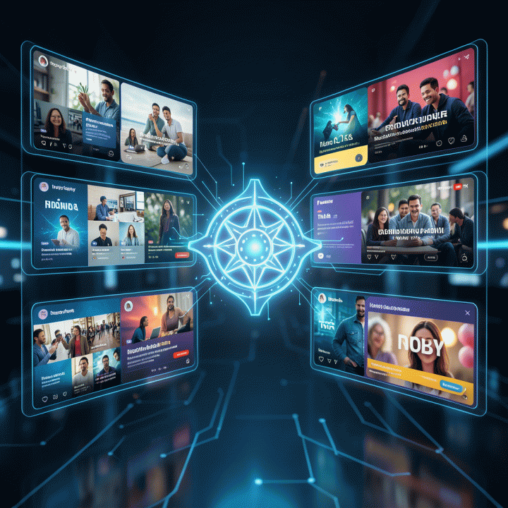 Visualisasi multi-format iklan digital yang dihasilkan AI, menampilkan berbagai layout iklan untuk berbagai media sosial dalam tampilan holografik futuristik.