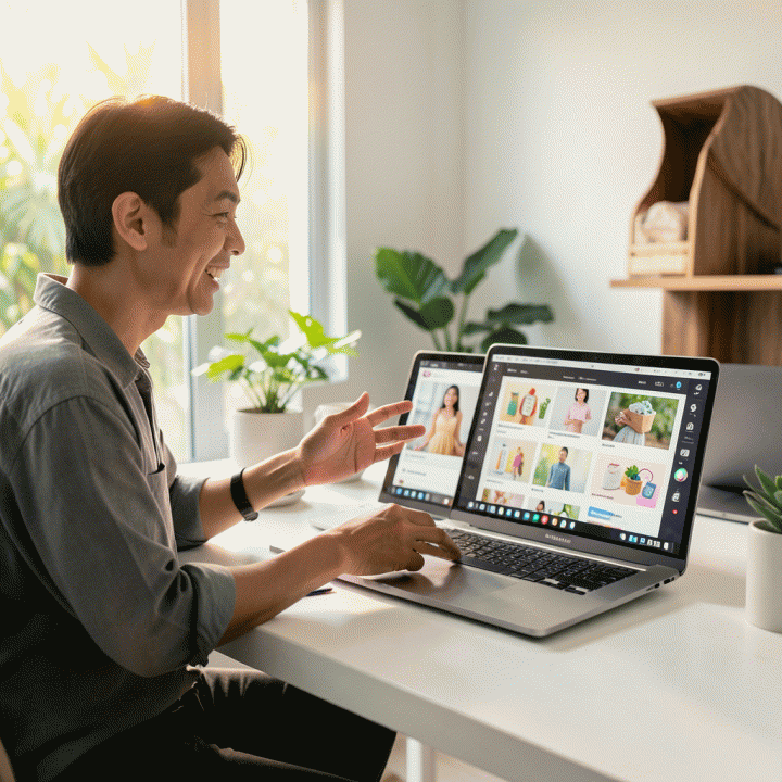 Pemilik UMKM Indonesia tersenyum lega di depan layar yang menampilkan banyak variasi iklan produk digital yang dibuat dengan mudah menggunakan alat bantu AI.