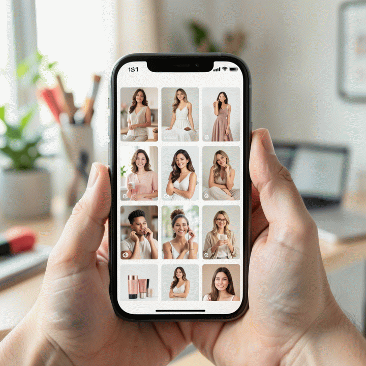 Layar smartphone yang menampilkan berbagai variasi iklan produk secara cepat dan profesional, menyoroti kemudahan pembuatan konten menggunakan AI.