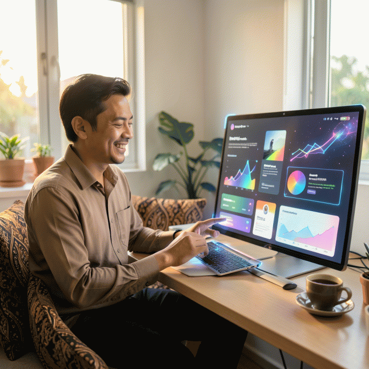 Seorang pemilik UMKM di Indonesia tersenyum percaya diri saat berinteraksi dengan antarmuka AI futuristik yang menampilkan variasi iklan digital yang banyak dan hasil pertumbuhan bisnis yang optimis.
