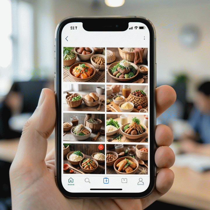 Tampilan close-up layar smartphone yang menampilkan berbagai variasi iklan digital untuk produk UMKM, menunjukkan kemampuan otomatisasi konten.