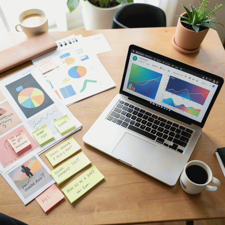 Meja kerja yang terorganisir menampilkan elemen-elemen pemasaran digital dan alat AI yang membantu menyederhanakan proses kreatif dan analisis data.