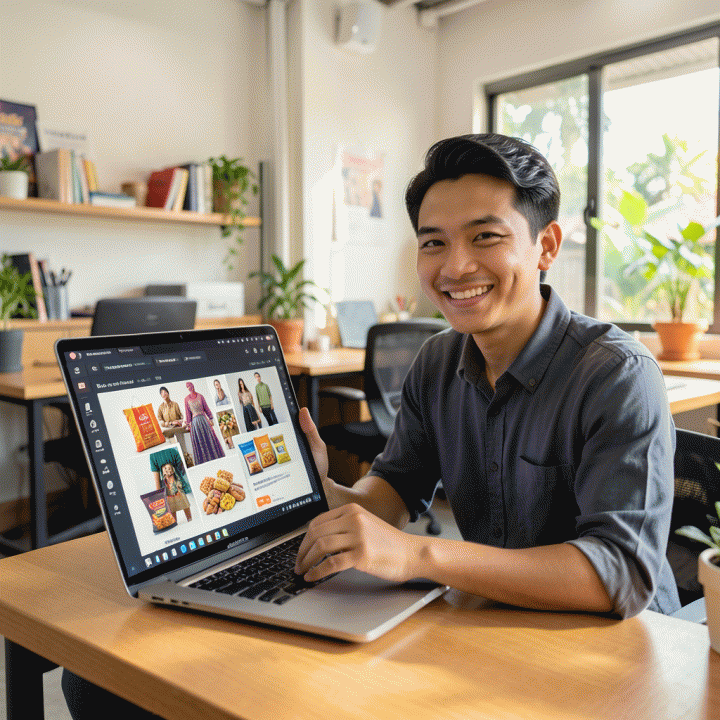 Seorang pemilik UMKM Indonesia yang percaya diri menggunakan laptop di co-working space modern, menampilkan antarmuka AI yang memvisualisasikan banyak variasi konten iklan digital produk lokal.