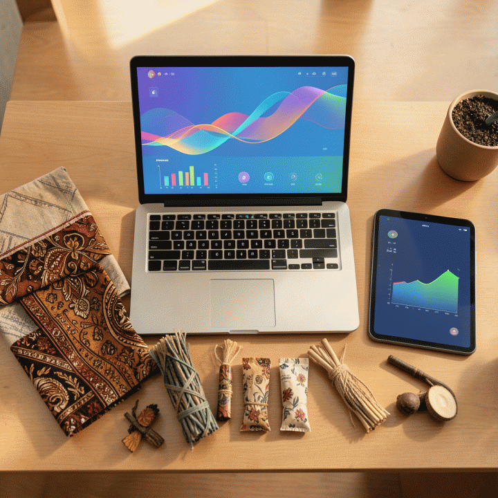 Tata letak produk UMKM Indonesia yang beragam di samping laptop dan tablet yang menampilkan dashboard AI, melambangkan pembuatan konten iklan profesional.
