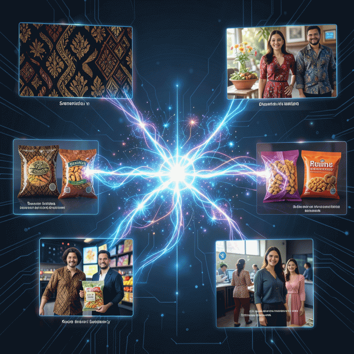 Representasi konseptual AI yang menghasilkan aliran data kreatif menjadi berbagai macam visual iklan produk berkualitas tinggi secara massal.