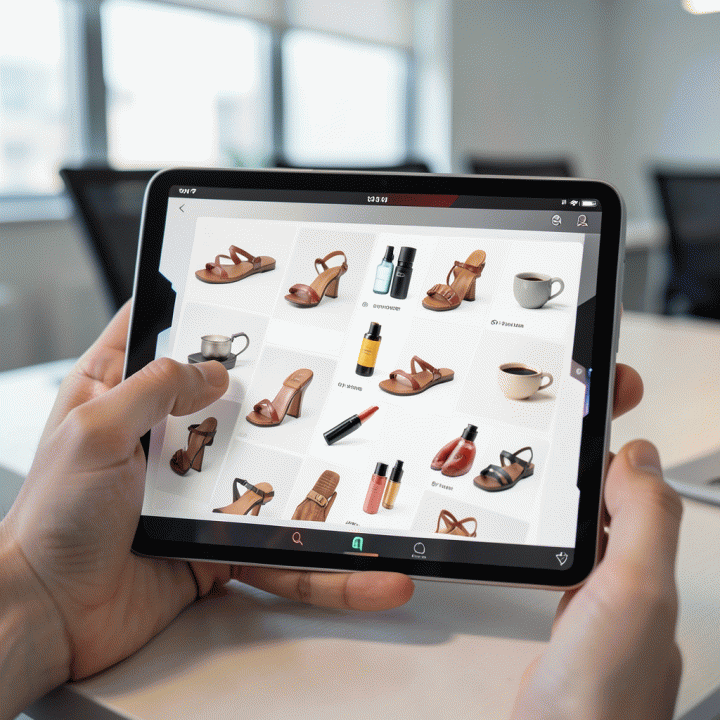 Tangan pengguna berinteraksi dengan tablet digital yang menampilkan galeri variasi konten iklan produk yang sangat beragam, menunjukkan kemudahan penggunaan AI.