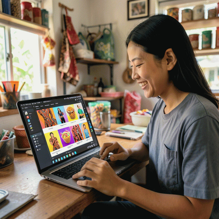 Seorang penjual UMKM Indonesia menggunakan tablet modern di rumahnya, di mana layar menampilkan visualisasi iklan digital yang beragam dan berkualitas tinggi yang dibuat secara massal menggunakan AI, menunjukkan kemudahan pemasaran digital.
