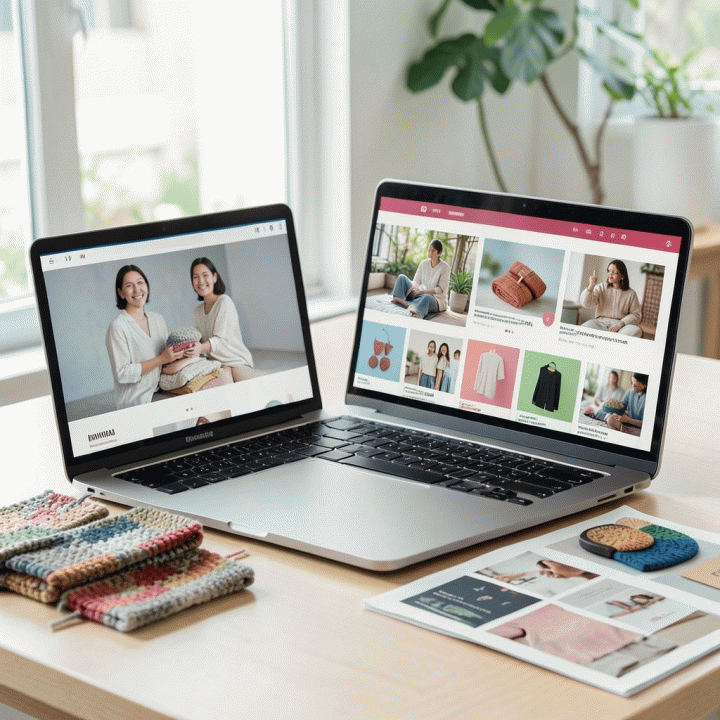 Penataan ruang kerja modern yang menunjukkan hasil variasi iklan digital profesional dan beragam untuk produk UMKM, menekankan efisiensi pemasaran.