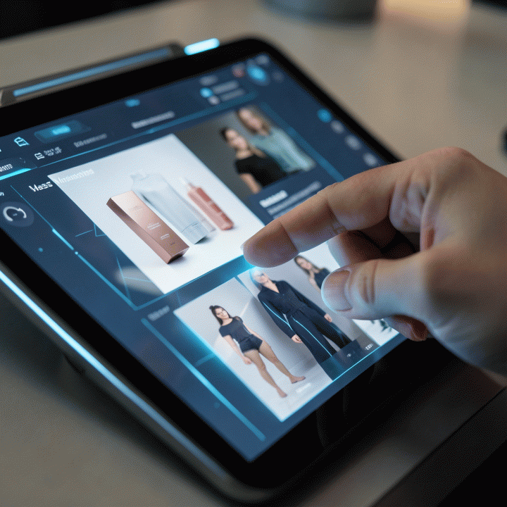 Tangan yang berinteraksi dengan antarmuka tablet AI yang futuristik, menunjukkan berbagai variasi iklan produk yang dihasilkan secara massal dan cepat.