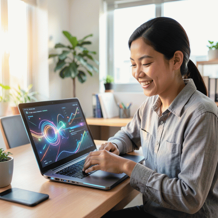 Seorang pemilik UMKM Indonesia yang gembira menggunakan laptop modern yang menampilkan visualisasi konten pemasaran digital yang dinamis, melambangkan kemudahan pembuatan iklan massal dengan AI.