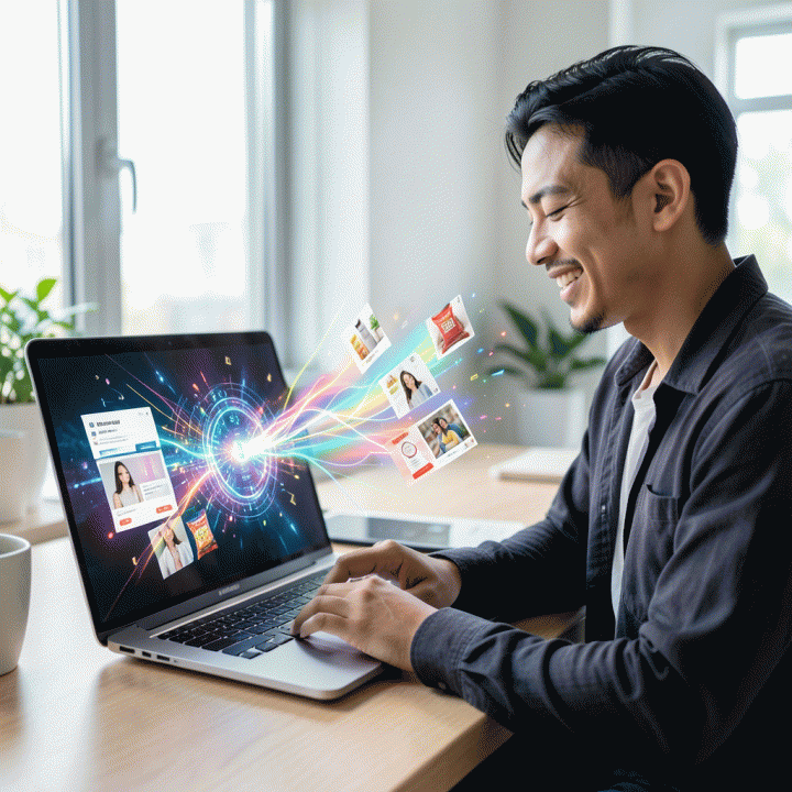 Seorang online seller Indonesia yang tersenyum percaya diri di depan laptop yang menampilkan visualisasi ad mockups iklan produk yang dihasilkan oleh AI, melambangkan solusi pembuatan konten iklan masif dan efisien.