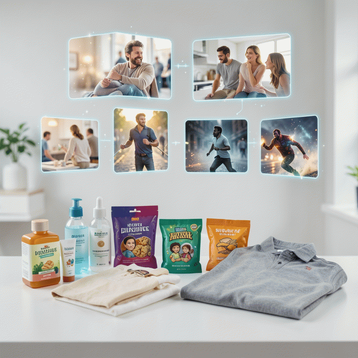 Visualisasi produk fisik yang dikelilingi oleh representasi holografik dari berbagai variasi visual iklan yang dihasilkan AI, menunjukkan fleksibilitas pemasaran.