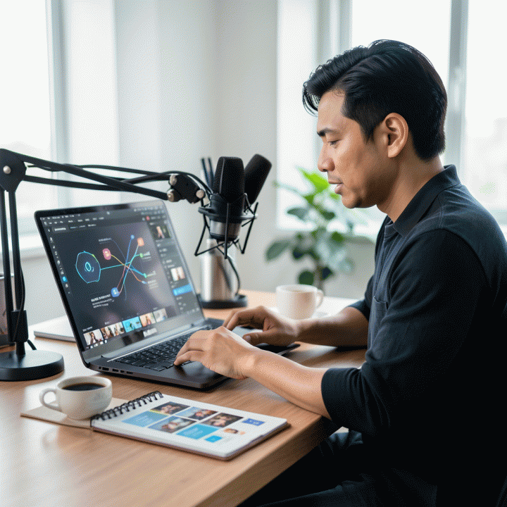 Seorang kreator konten profesional Indonesia sedang bekerja di meja modern dengan bantuan alat AI pada laptop, menunjukkan proses pembuatan konten video yang efisien dan strategis.