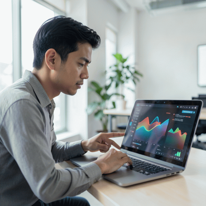 Seorang profesional muda Indonesia yang fokus menganalisis data strategi pemasaran digital di laptop, melambangkan pentingnya pendekatan privacy-first di era pasca-cookie.