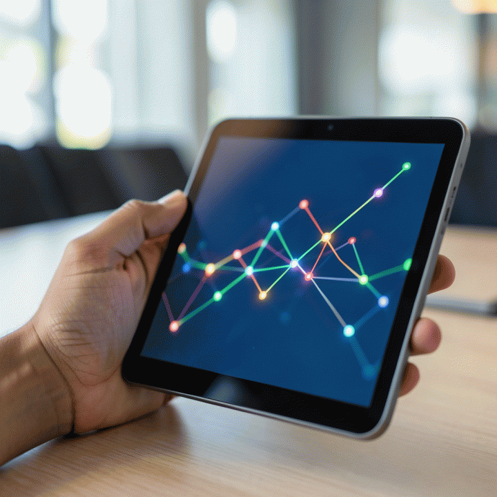 Tangan yang berinteraksi dengan tablet, menampilkan visualisasi data abstrak yang aman dan berkelanjutan, melambangkan strategi privacy-first.