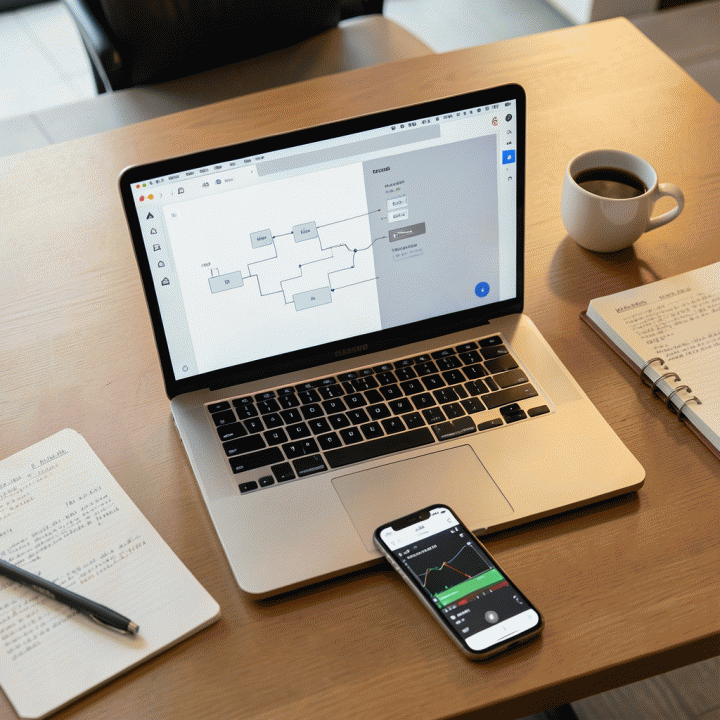 Berbagai alat digital (laptop, smartphone, notebook) yang terhubung untuk proses pembuatan konten video review produk yang strategis.