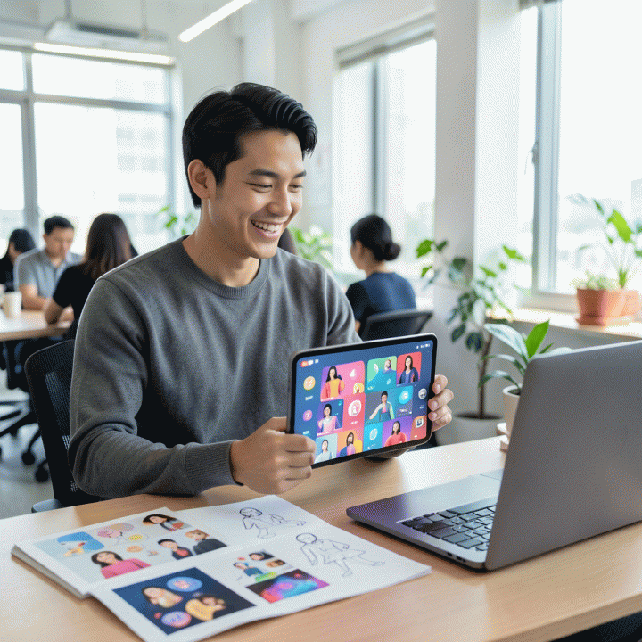 Seorang content creator Indonesia yang tersenyum di ruang kerja modern, menunjukkan efisiensi dan konsistensi dalam membuat aset visual berkualitas tinggi menggunakan AI.