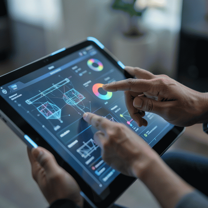 Tangan yang menggunakan tablet AI canggih, menunjukkan kemudahan dalam mengontrol dan menghasilkan desain visual tanpa keahlian teknis.