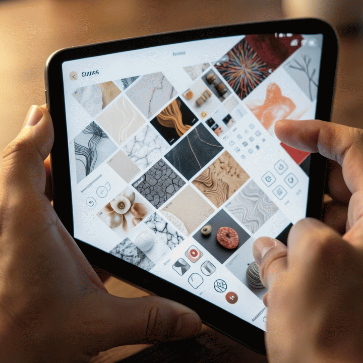 Tangan berinteraksi dengan layar yang menampilkan berbagai aset visual digital yang seragam dan konsisten dalam jumlah besar.