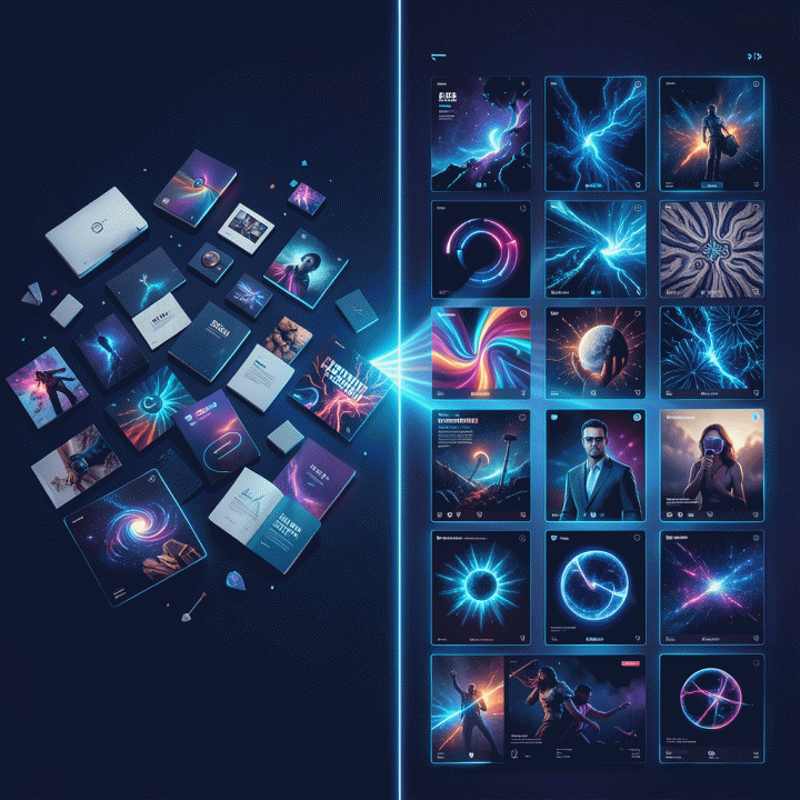 Perbandingan antara aset visual yang tidak konsisten dengan hasil akhirnya yang sangat terorganisasi dan profesional berkat AI.