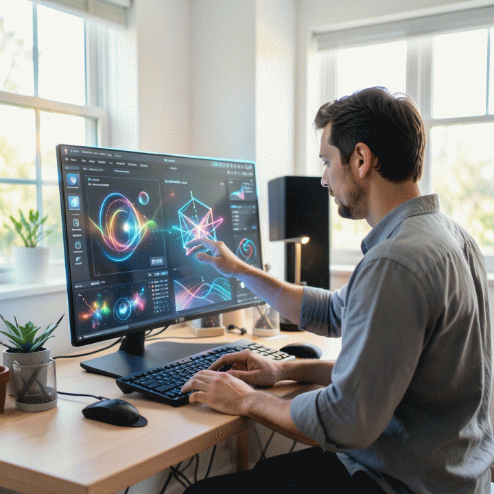 Seorang content creator berinteraksi dengan antarmuka AI futuristik di studio modern, menunjukkan proses pembuatan aset visual yang konsisten dan masif dengan mudah.