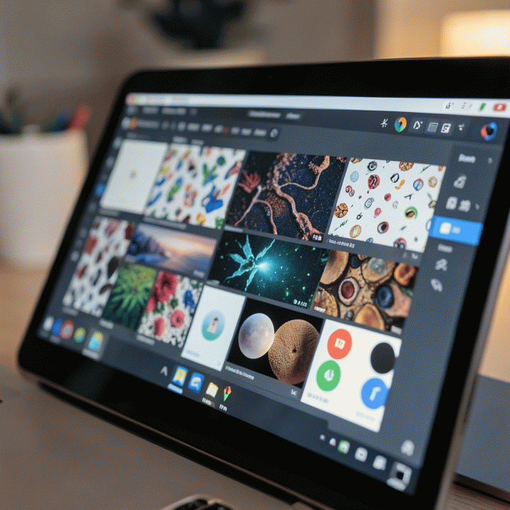 Tampilan antarmuka digital yang abstrak dan kaya fitur, menampilkan beragam pratinjau aset visual seperti pola, ikon, dan tekstur yang dihasilkan AI, menekankan kemudahan dan kelengkapan alat.