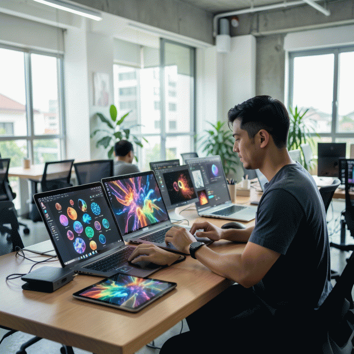 Konten kreator dan digital seller bekerja di ruang kerja modern, dikelilingi oleh aset visual digital berkualitas tinggi yang dihasilkan AI, menunjukkan proses kreatif yang efisien.