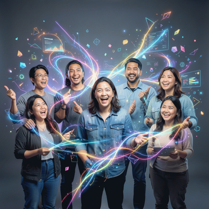 Ilustrasi digital yang energik menampilkan berbagai content creator yang menerima aliran energi kreatif, yang berubah menjadi aset visual digital berkualitas tinggi, melambangkan kemudahan proses kreatif dengan AI.