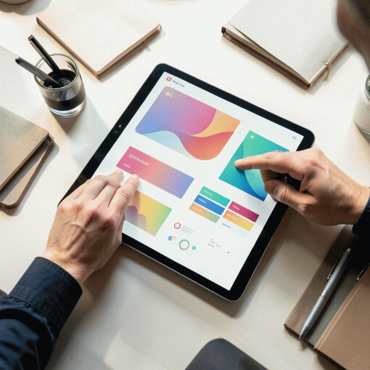 Tangan yang bekerja di atas tablet digital untuk membuat desain grafis dengan bantuan antarmuka AI yang modern dan intuitif.